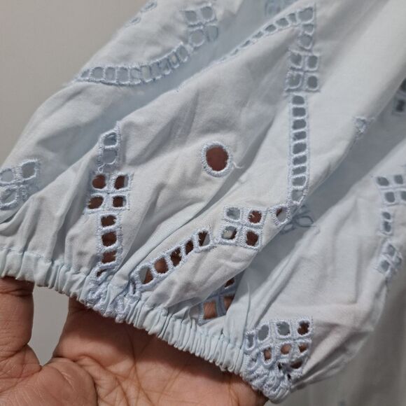 Ganni Broderie Anglaise Puff Sleeve Organic Cotton Mini Dress Illusion Blue S 42 - Picture 11 of 17